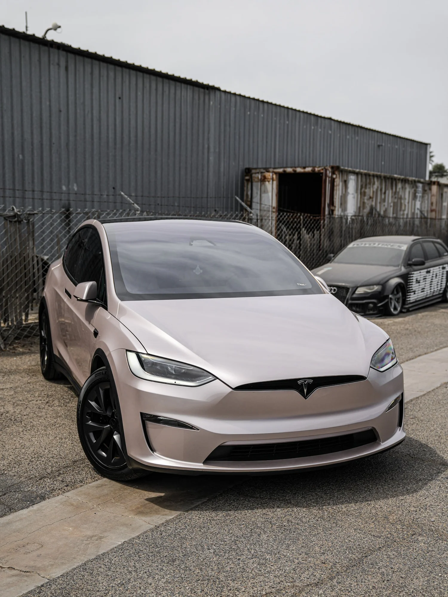 Tesla Model X Champagne Gold after Vinyl Wrap, front-left three-quarter view