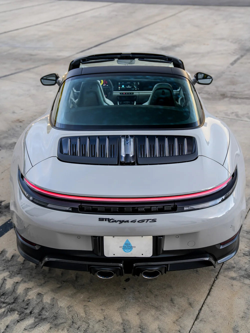 Porsche Targa from above the rear, showing the open roof, glass and engine-cover vents