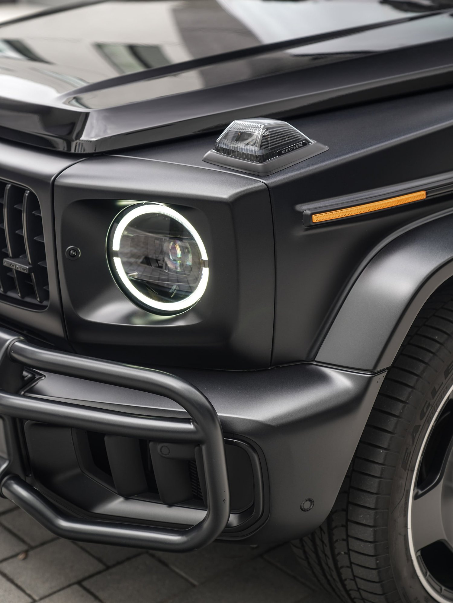 Mercedes-AMG G 63 Two-Tone Black after Paint Protection Film (PPF) and Window Tint, front bumper and headlight detail
