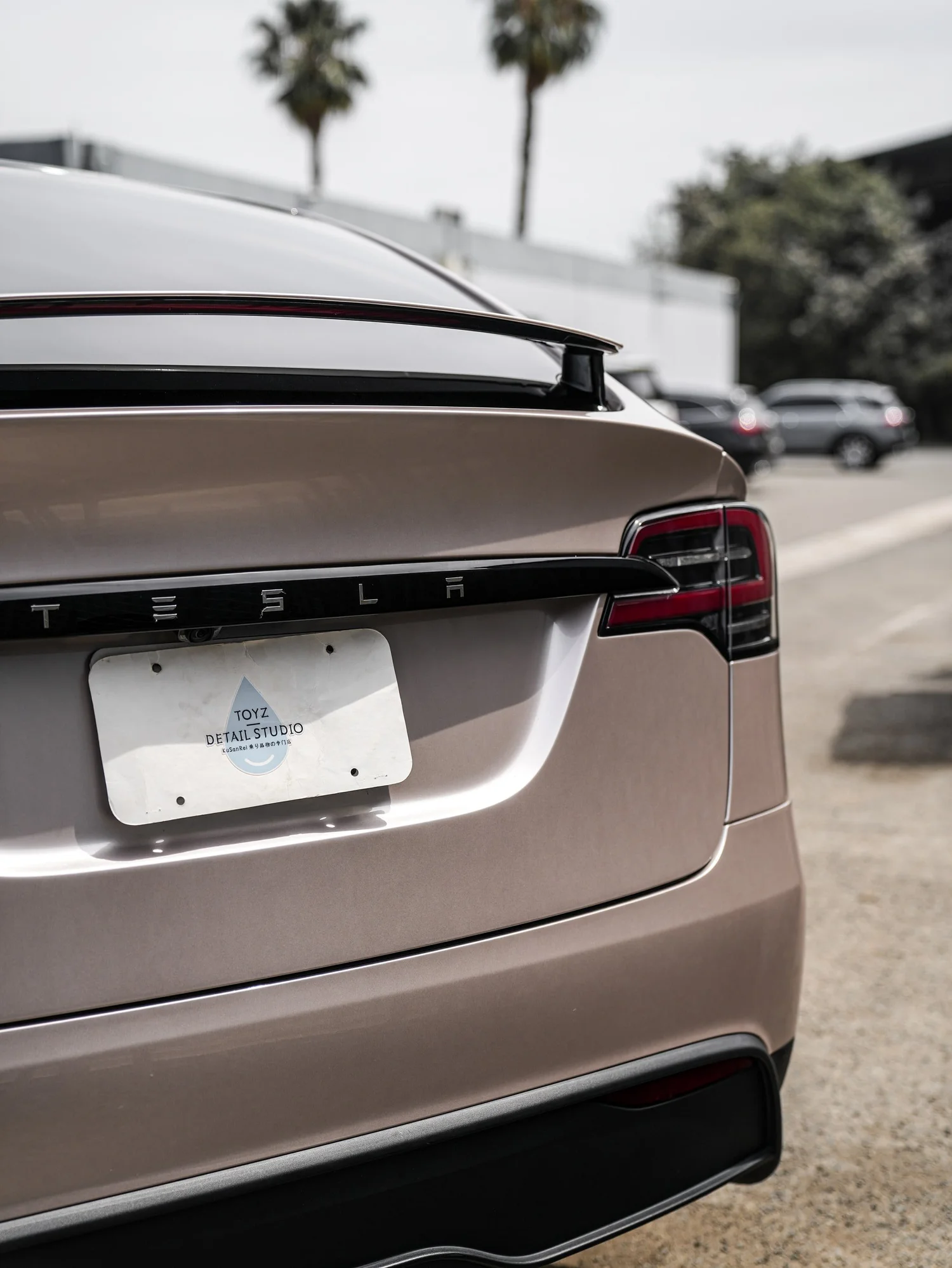 Tesla Model X Champagne Gold after Vinyl Wrap, rear body and taillight view