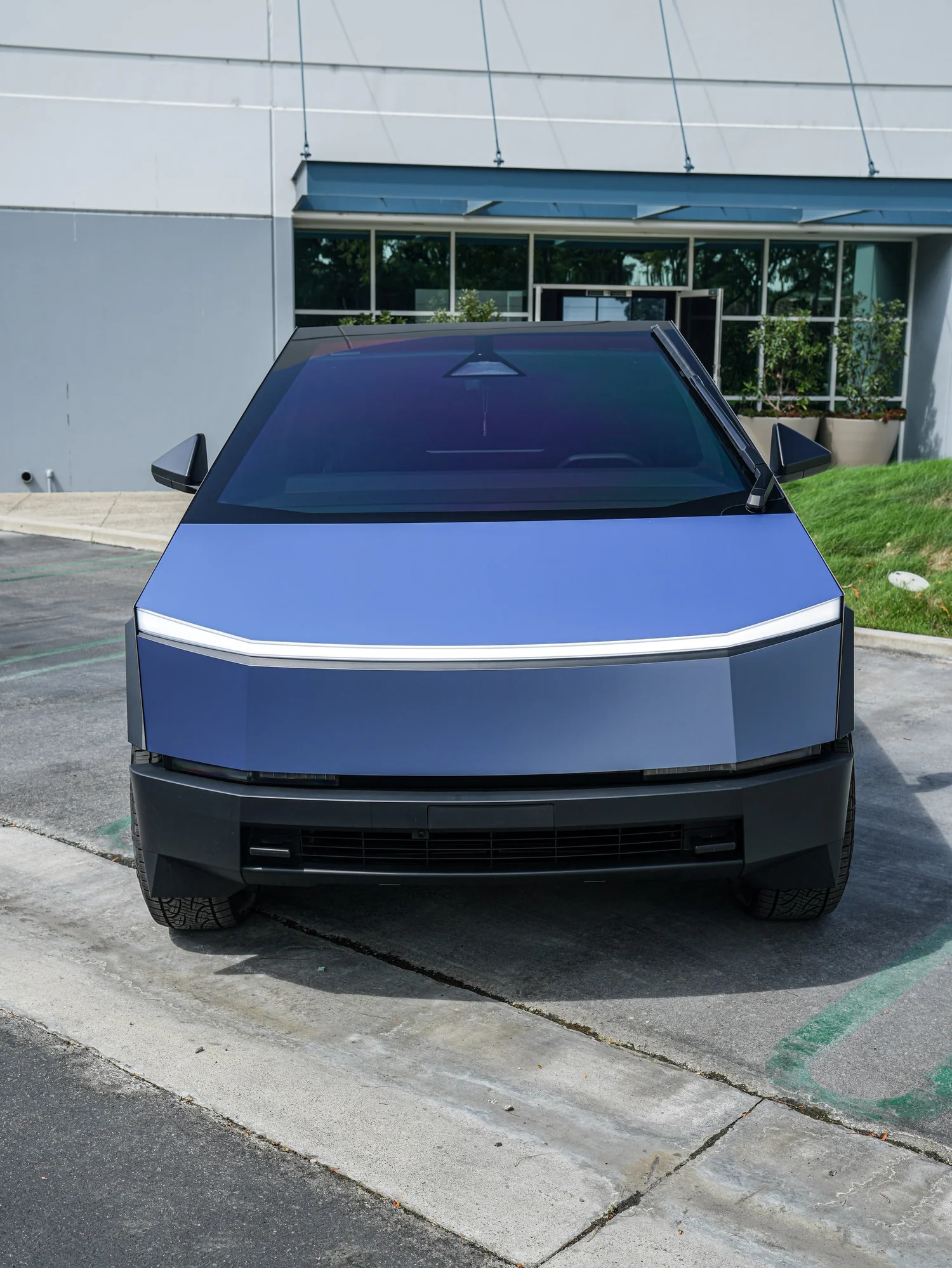 Tesla Cybertruck Matte Blue after Vinyl Wrap, direct front view