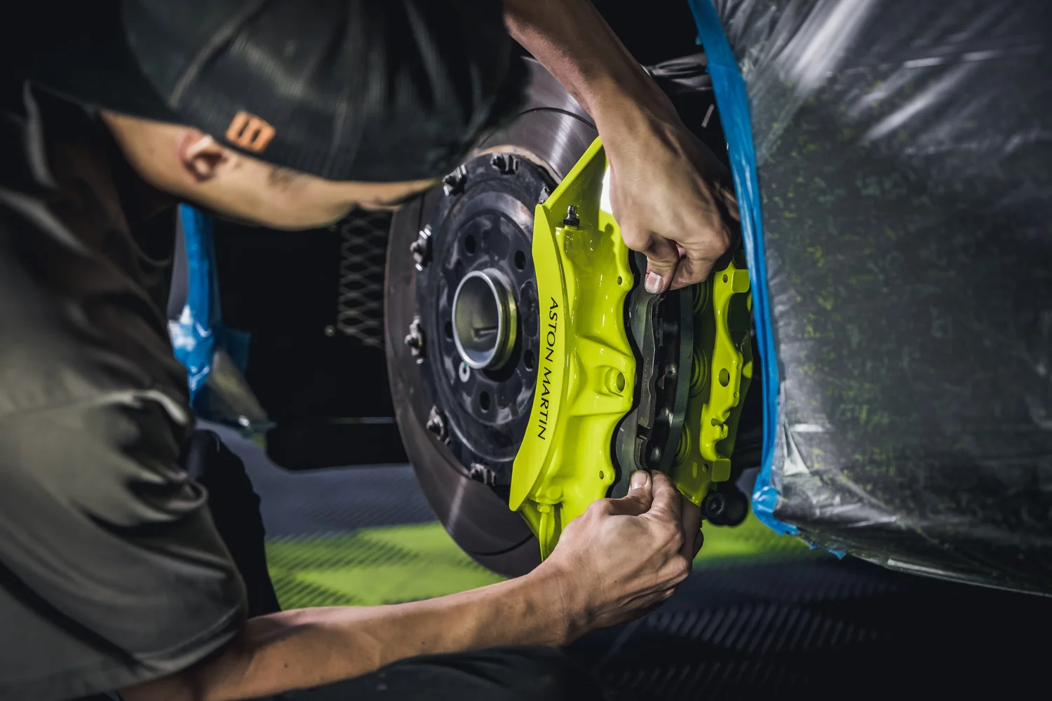Aston Martin Vantage Acid Green after Brake Caliper Repaint, wheel and brake caliper detail