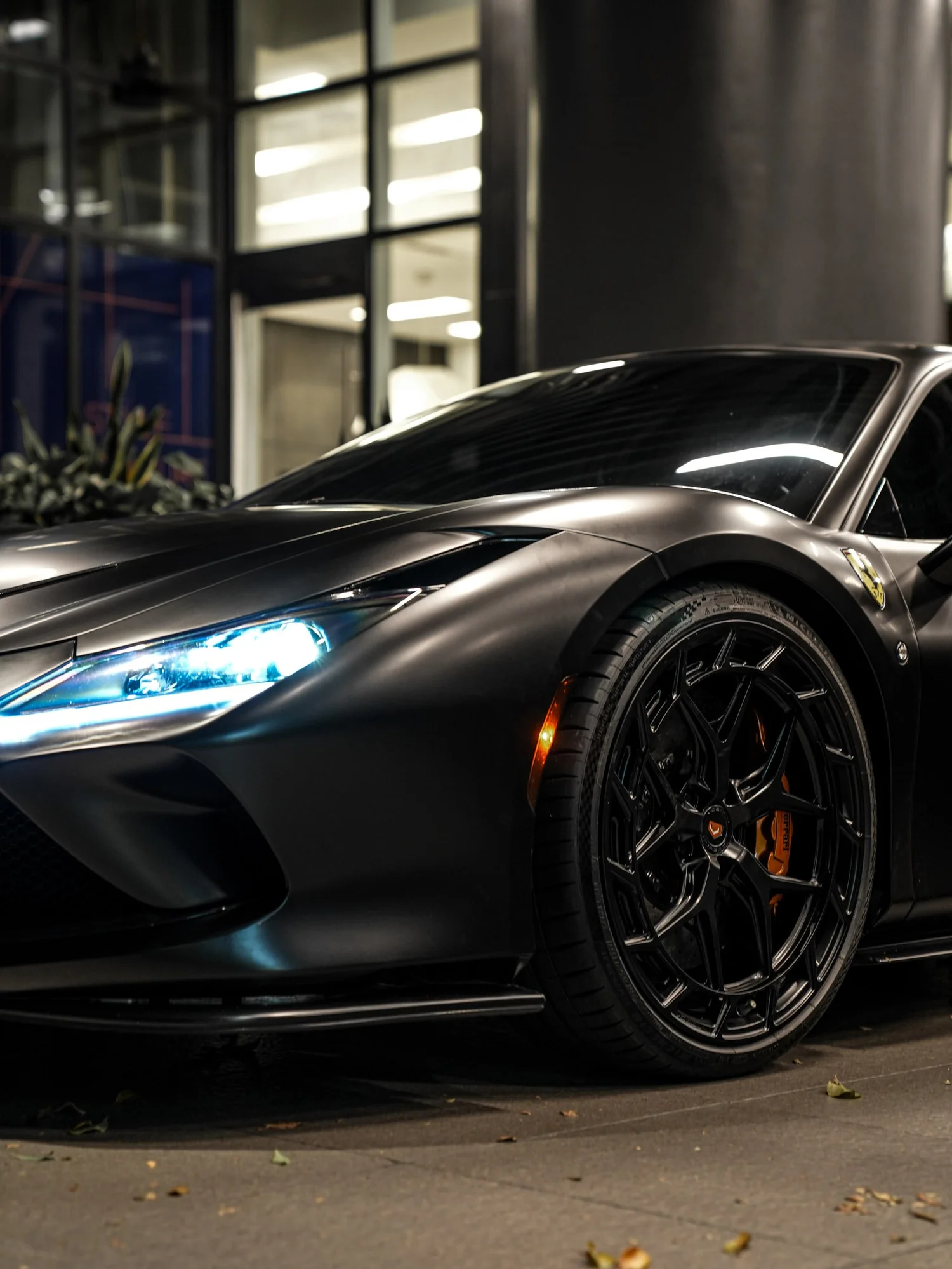 Ferrari F8 3M Satin Black after Vinyl Wrap, front wheel and body view