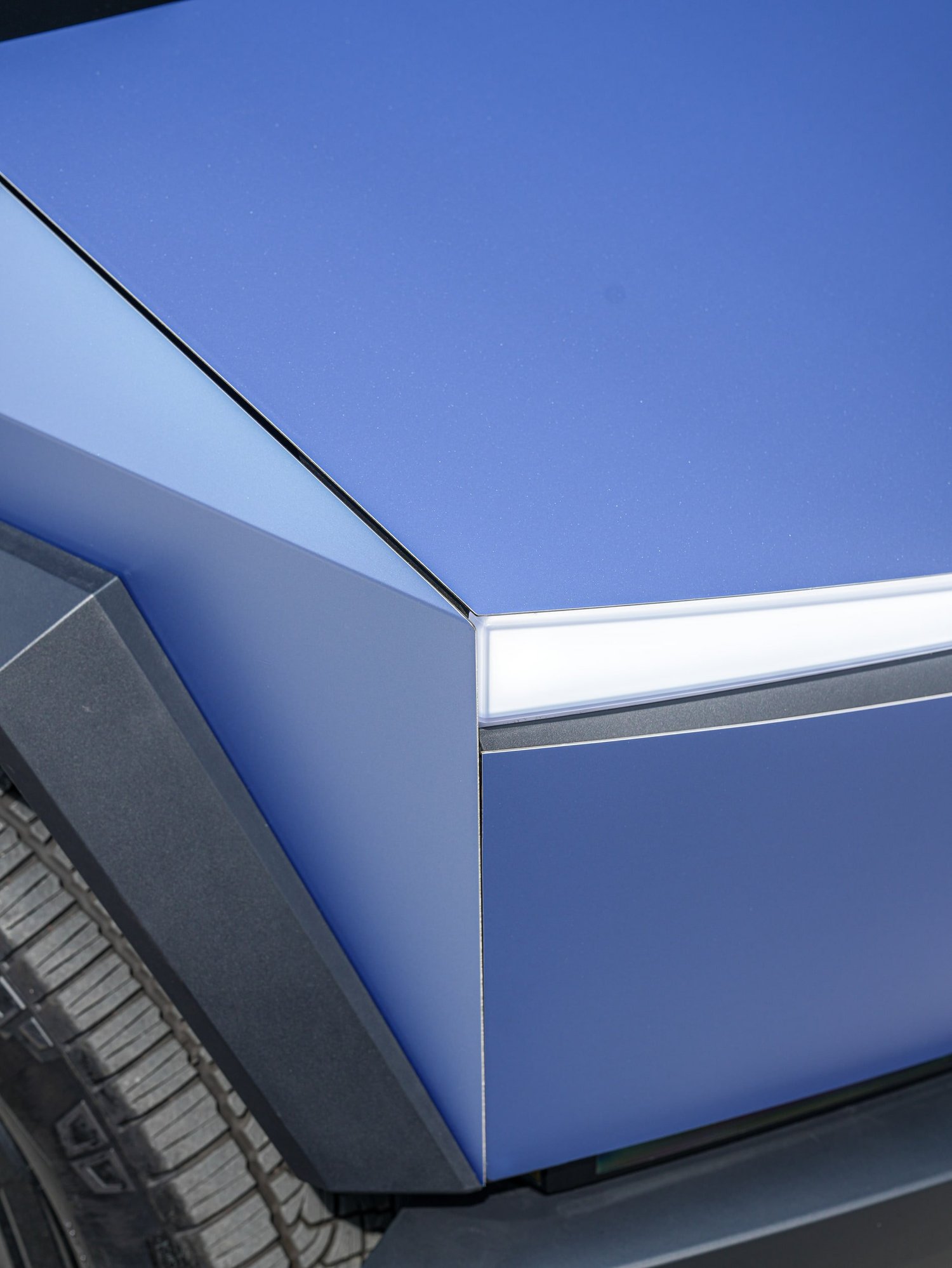 Tesla Cybertruck Matte Blue after Vinyl Wrap, side body-panel and door detail