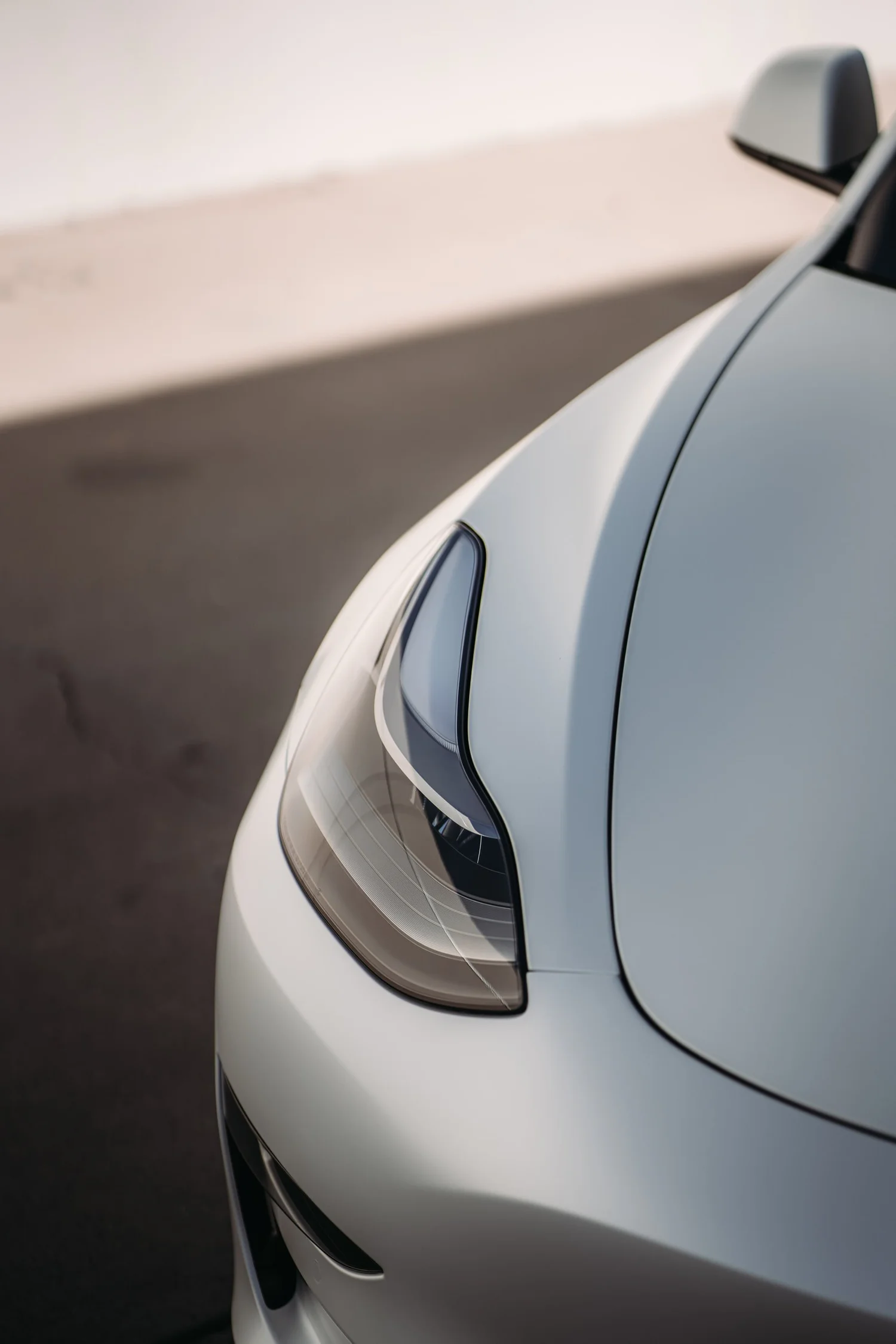 Tesla Model 3 3M 2080 Satin Pearl White after Vinyl Wrap, front-corner view