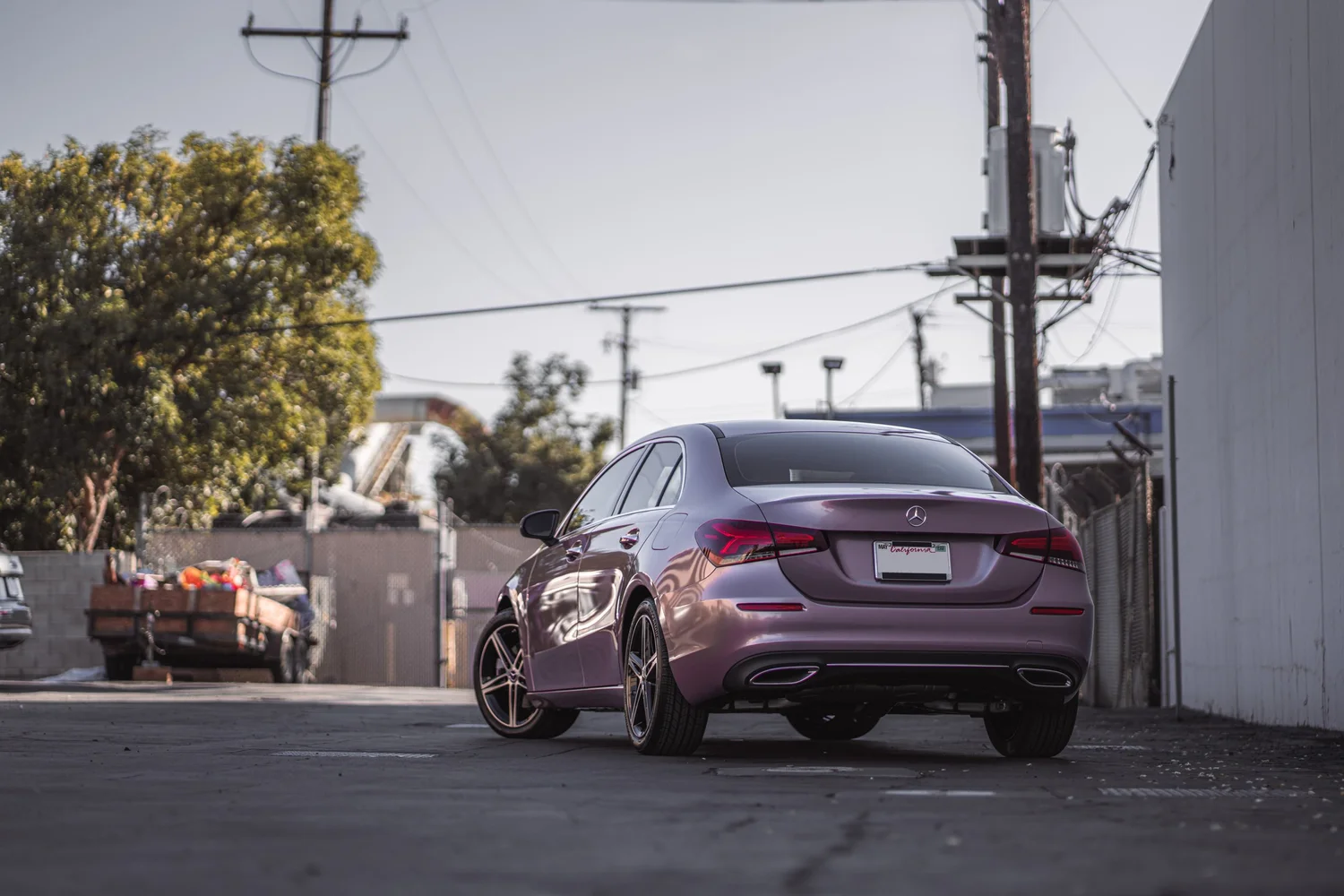 Mercedes-Benz A 220 Frozen Berry after Vinyl Wrap, direct rear view