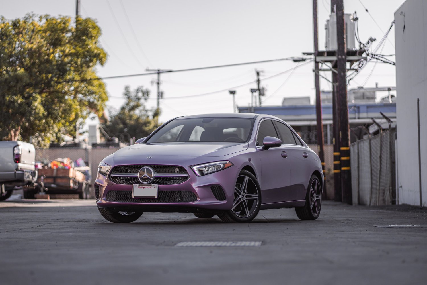 Mercedes-Benz A 220 Frozen Berry after Vinyl Wrap, front-right three-quarter view