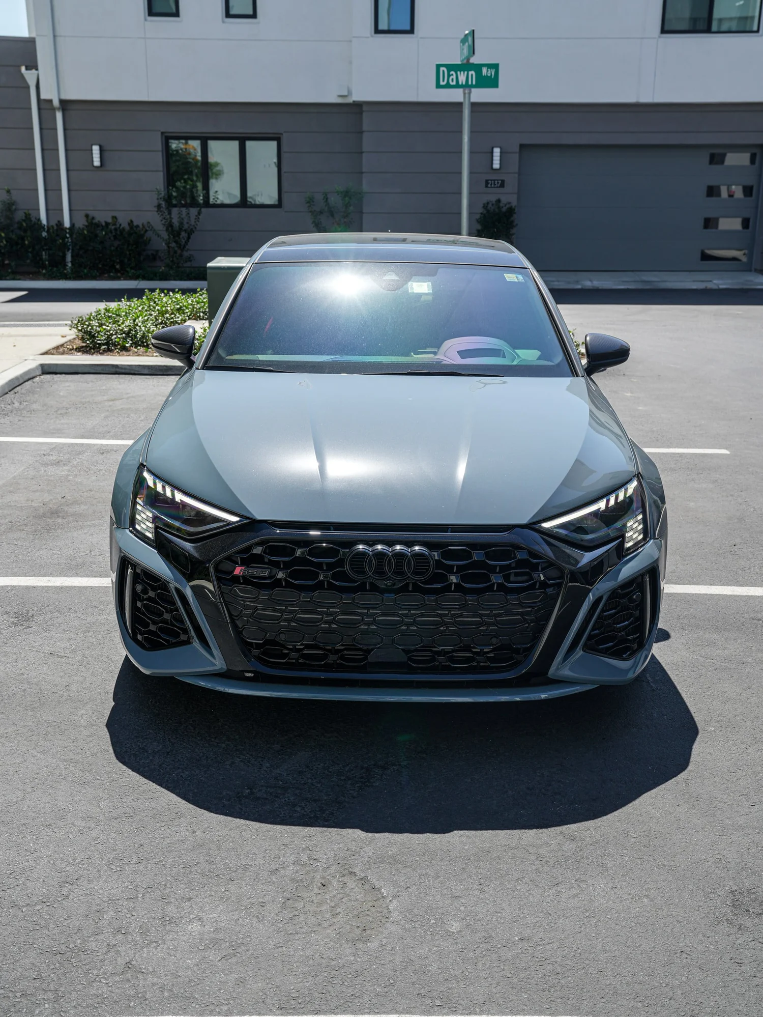 Audi RS 3 XR Plus after Window Tint and Ceramic Coating, front-right three-quarter view