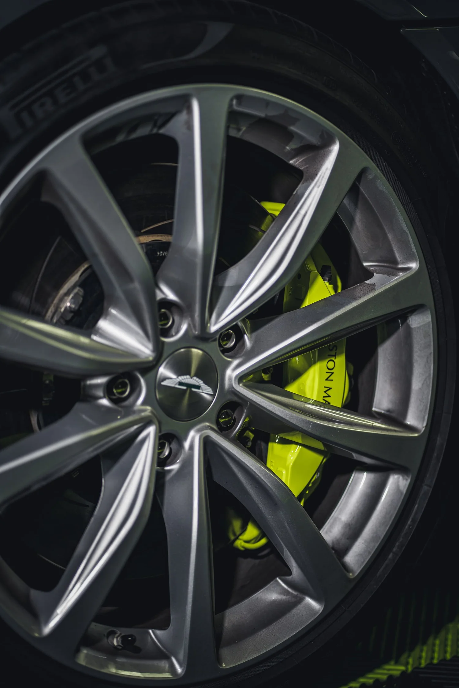 Aston Martin Vantage Acid Green after Brake Caliper Repaint, front wheel and body view