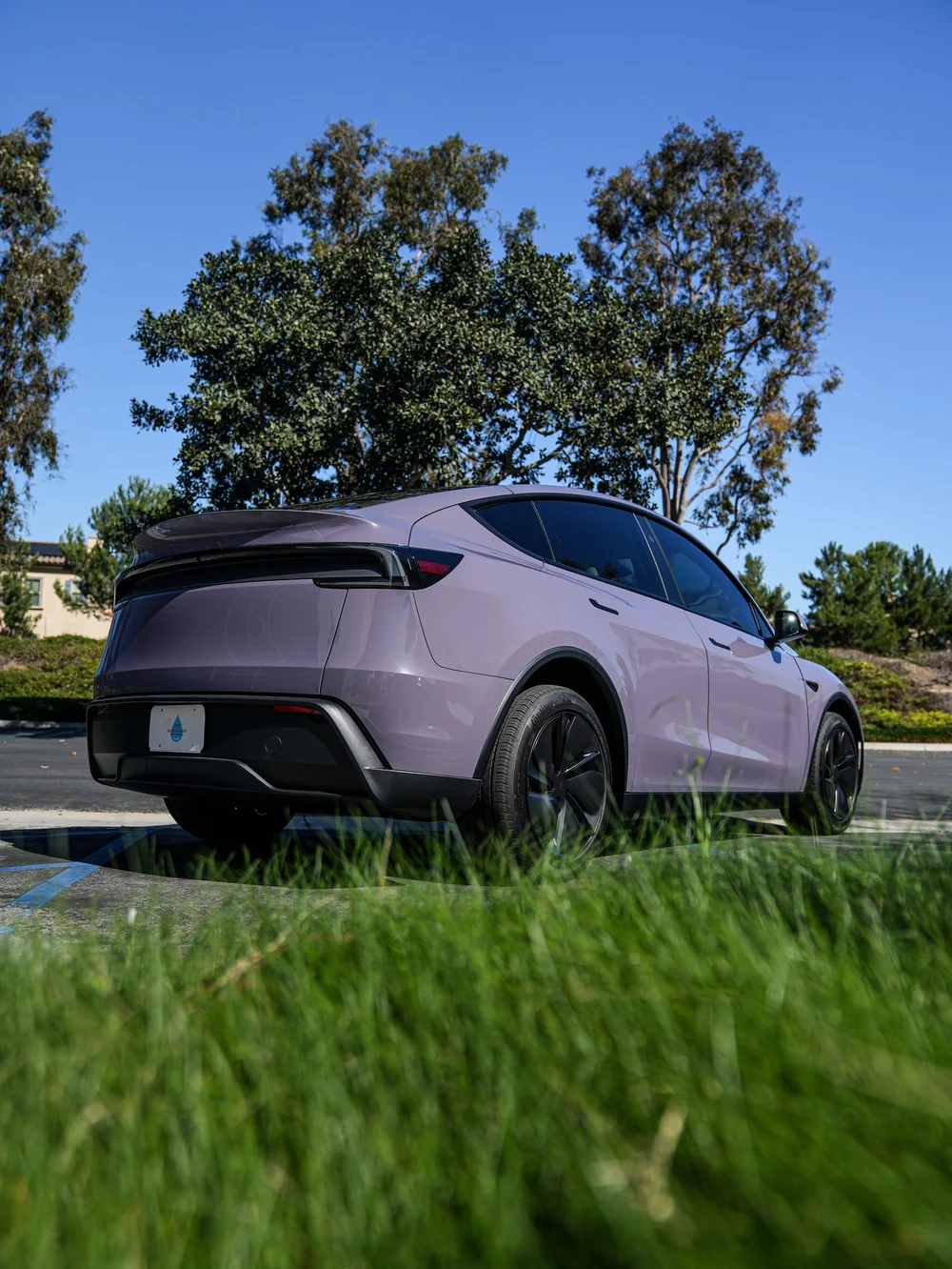 Tesla Model Y with Provence Violet vinyl wrap, low rear three-quarter view beside the grass