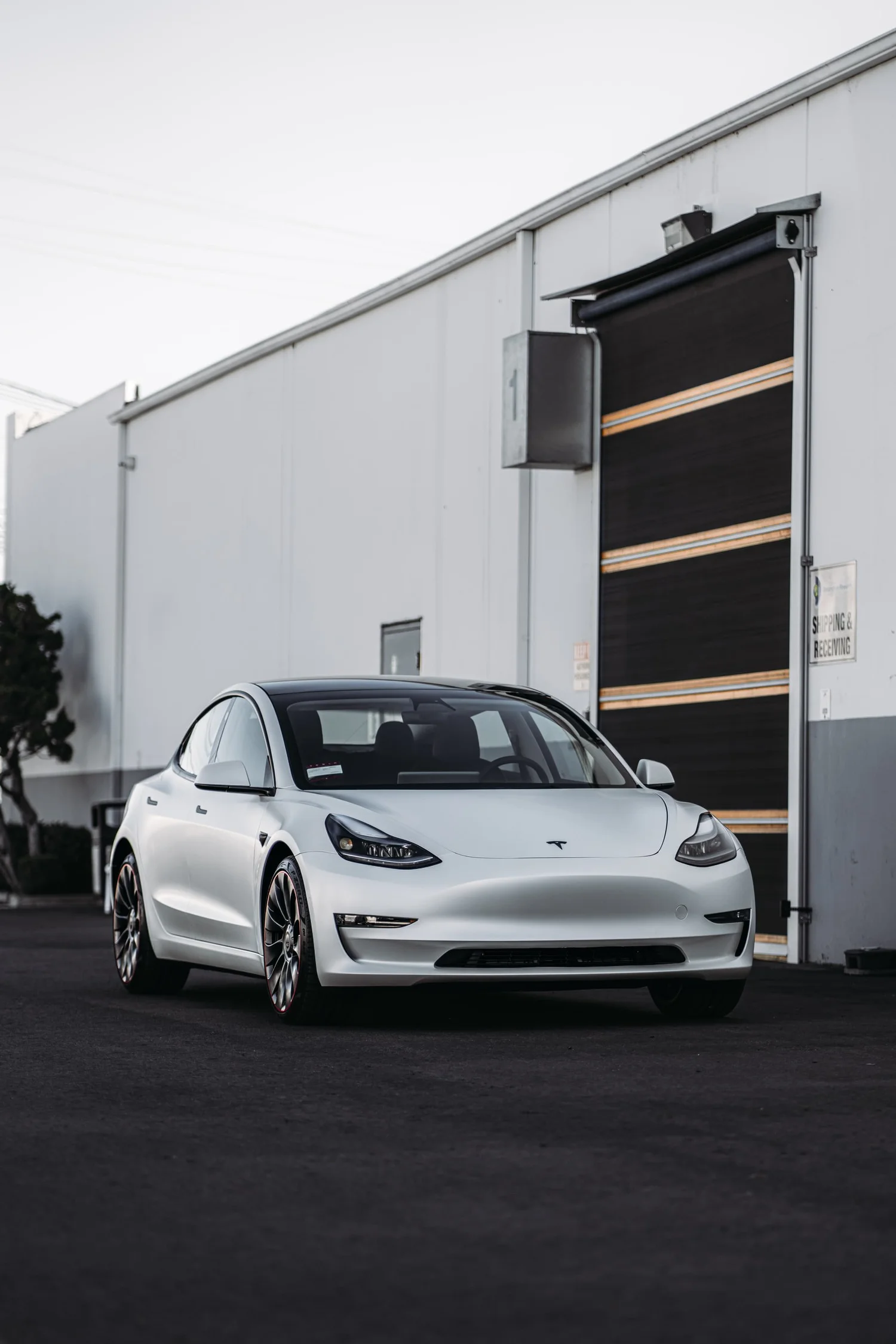 Tesla Model 3 3M 2080 Satin Pearl White after Vinyl Wrap, full vehicle with open doors