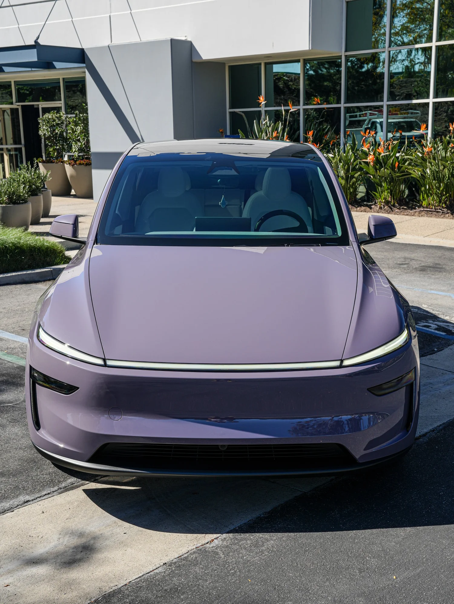 Tesla Model Y Provence Violet after Vinyl Wrap, direct front view