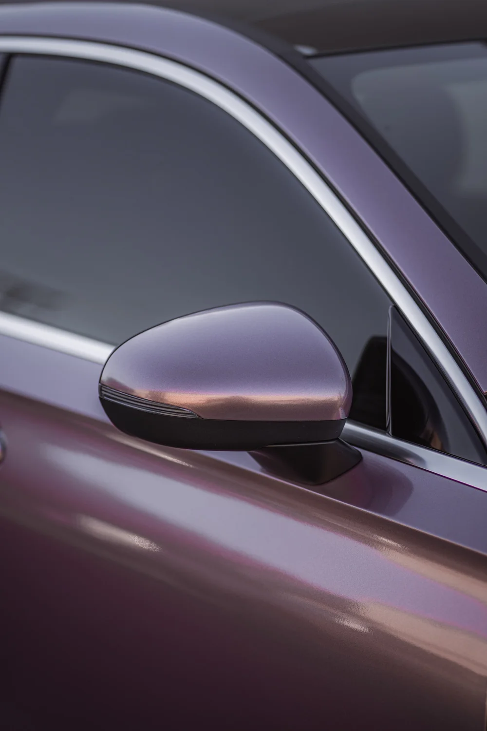 A 220 side mirror and adjoining Frozen Berry door panel in a portrait close view