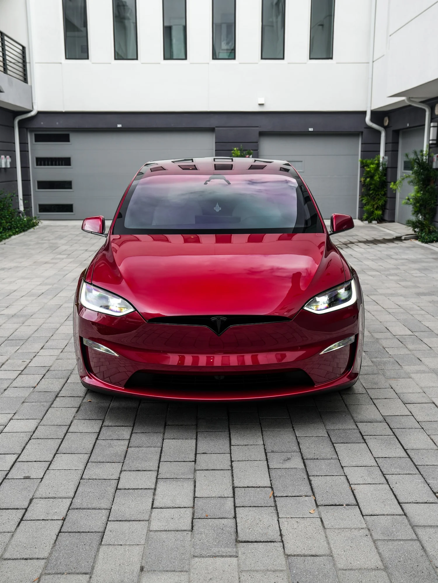 Tesla Model X after Paint Protection Film (PPF) and Window Tint, direct front view