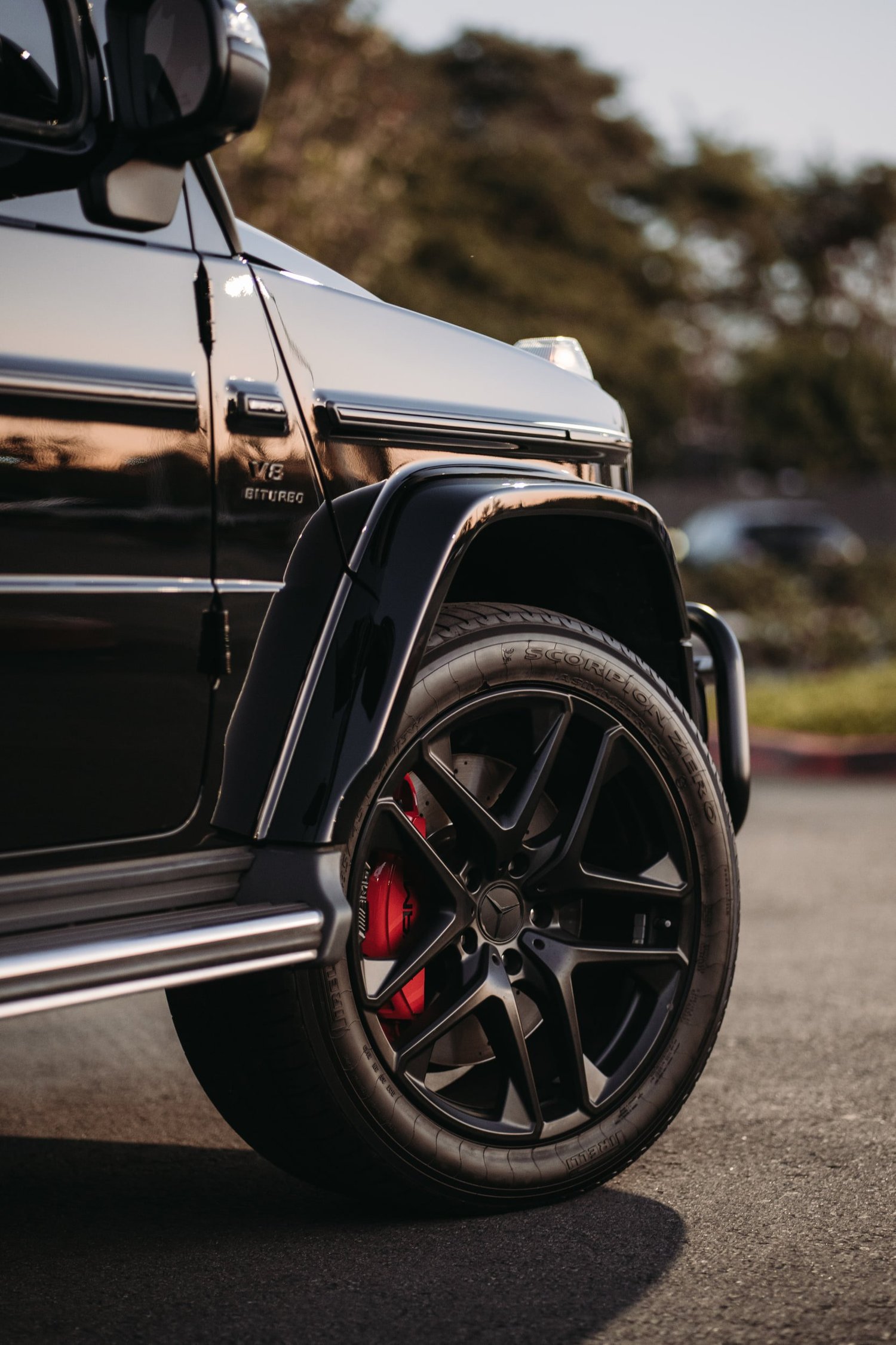 Mercedes-AMG G 63 after Paint Protection Film (PPF), Ceramic Coating, Chrome Delete and Wheel Powder Coating, rear-quarter and wheel view