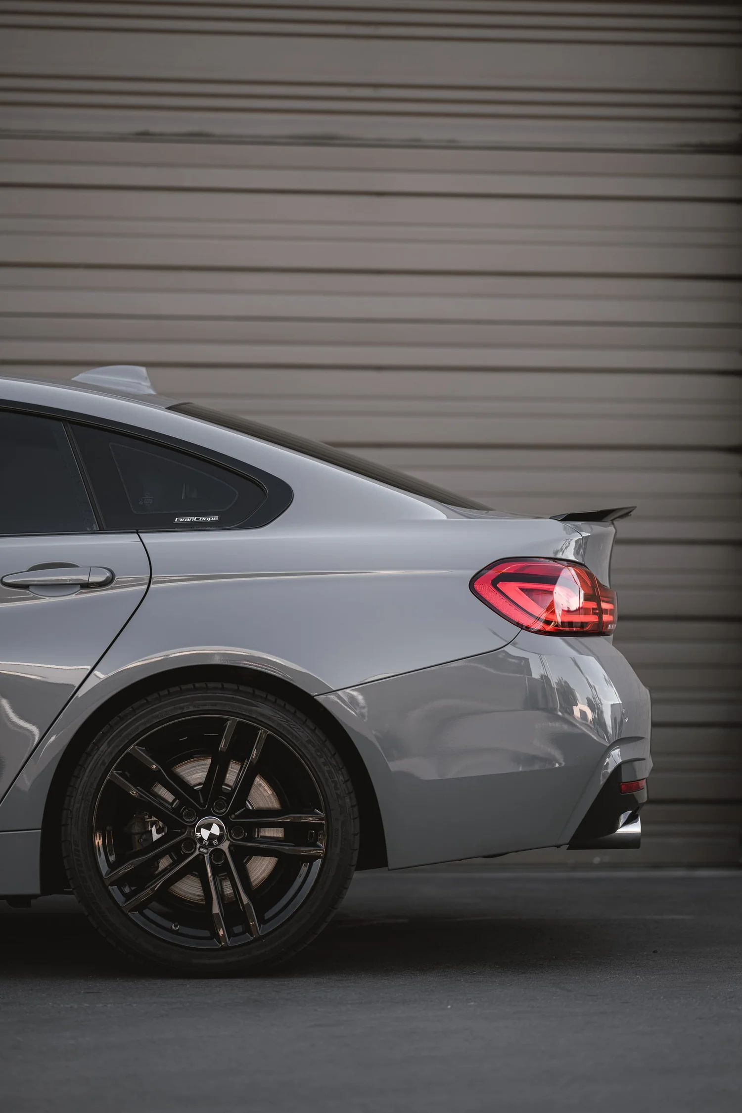 BMW 440i Inozetek Nardo Grey after Ceramic Coating, Vinyl Wrap and Wheel Powder Coating, rear-quarter and wheel view