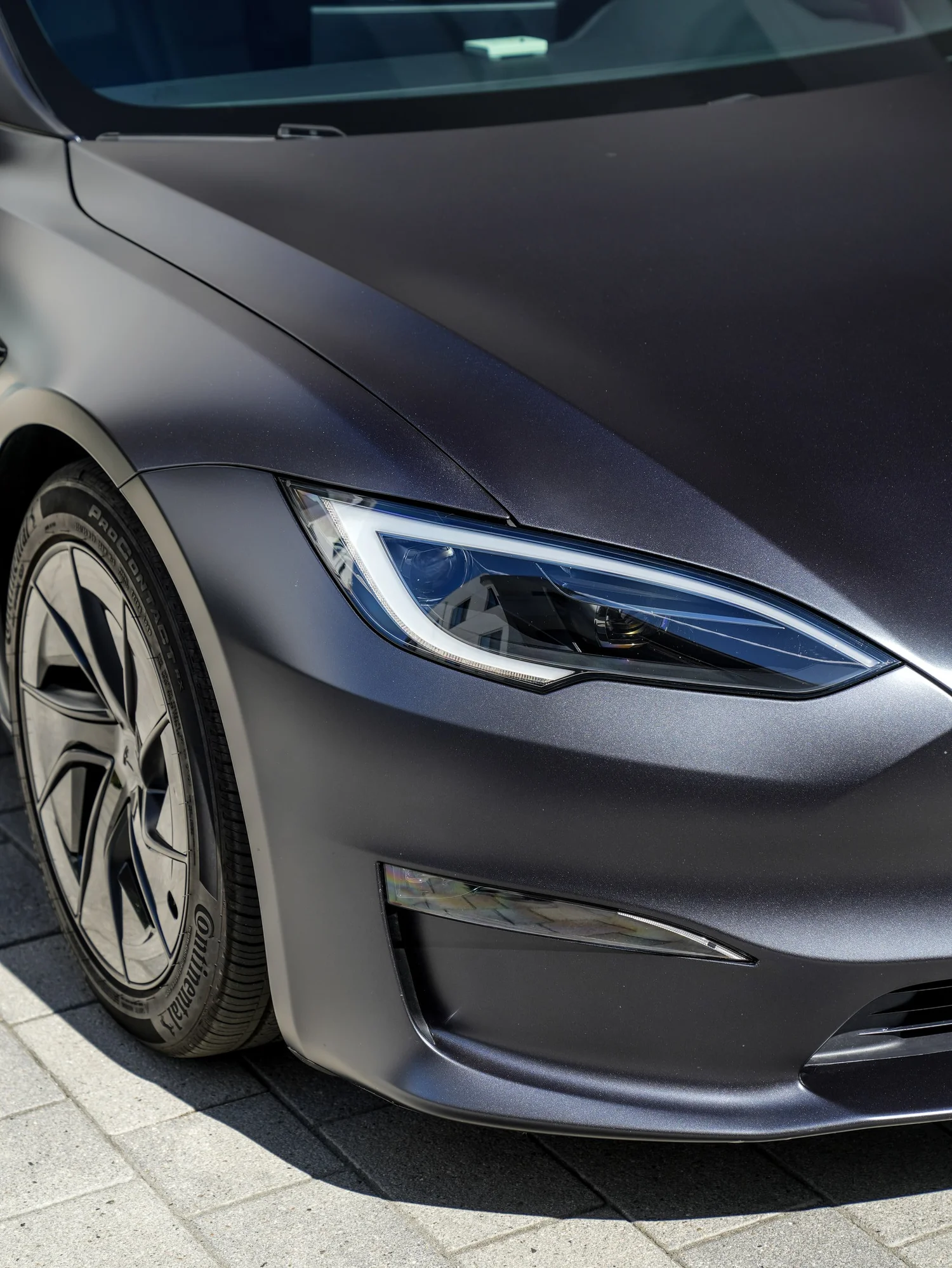 Tesla Model S after Matte PPF and Window Tint, front-corner view