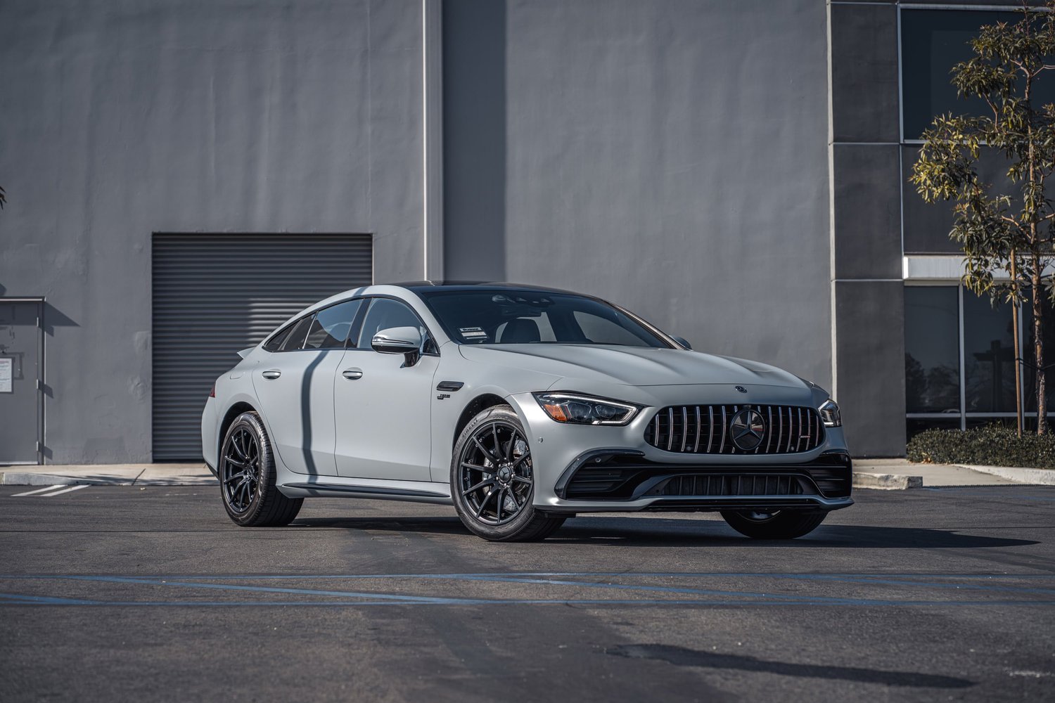 Mercedes-AMG GT 53 Avery Battleship Grey after Vinyl Wrap, front-left three-quarter view