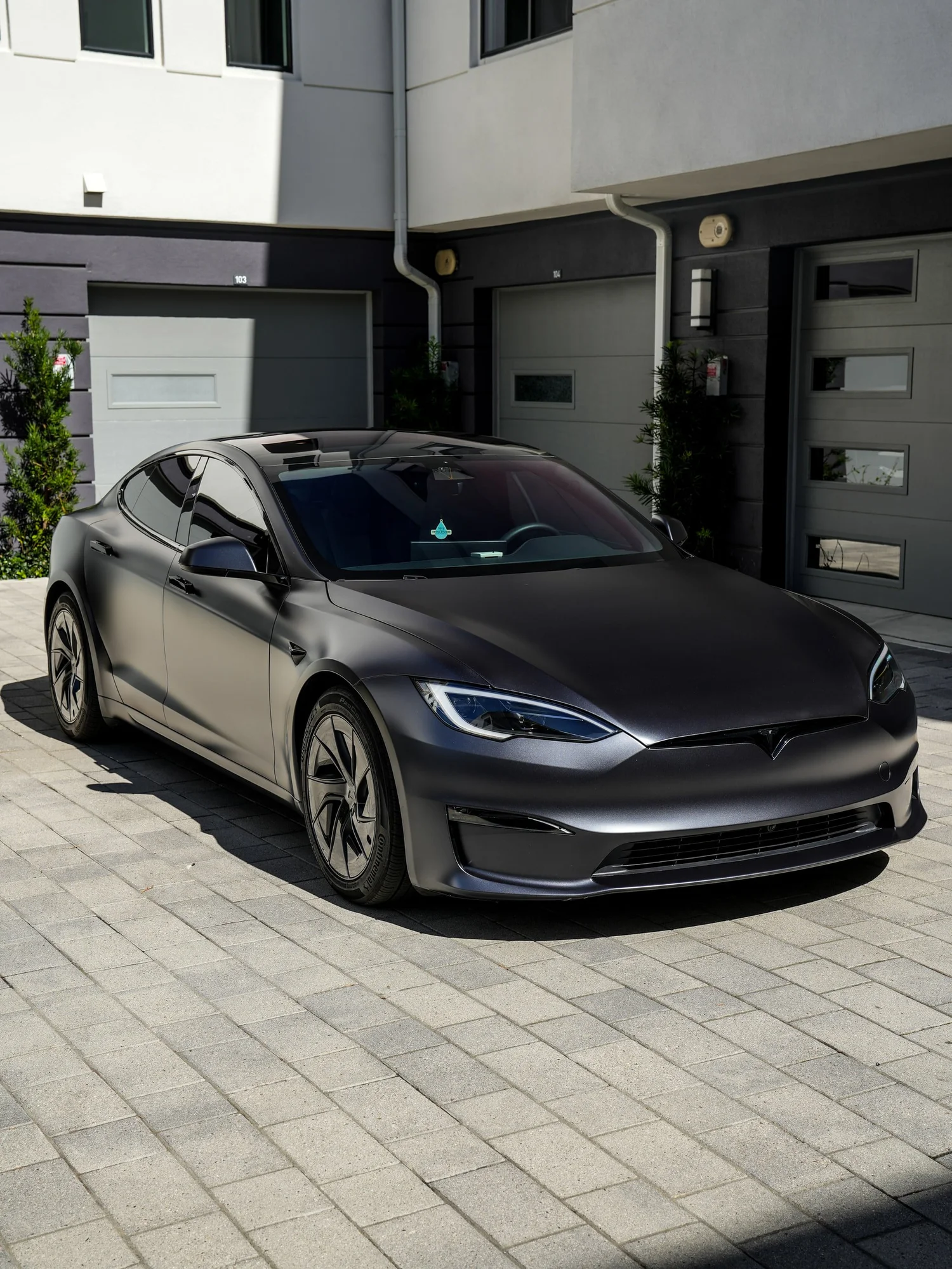 Tesla Model S after Matte PPF and Window Tint, front-right three-quarter view