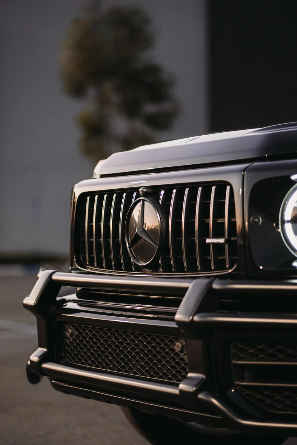 Mercedes-AMG G 63, grille, badge and bumper in a portrait crop