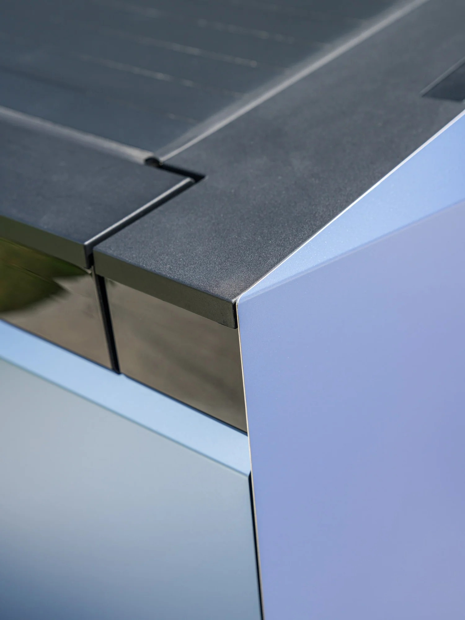 Tesla Cybertruck Matte Blue after Vinyl Wrap, film-edge and surface-finish detail
