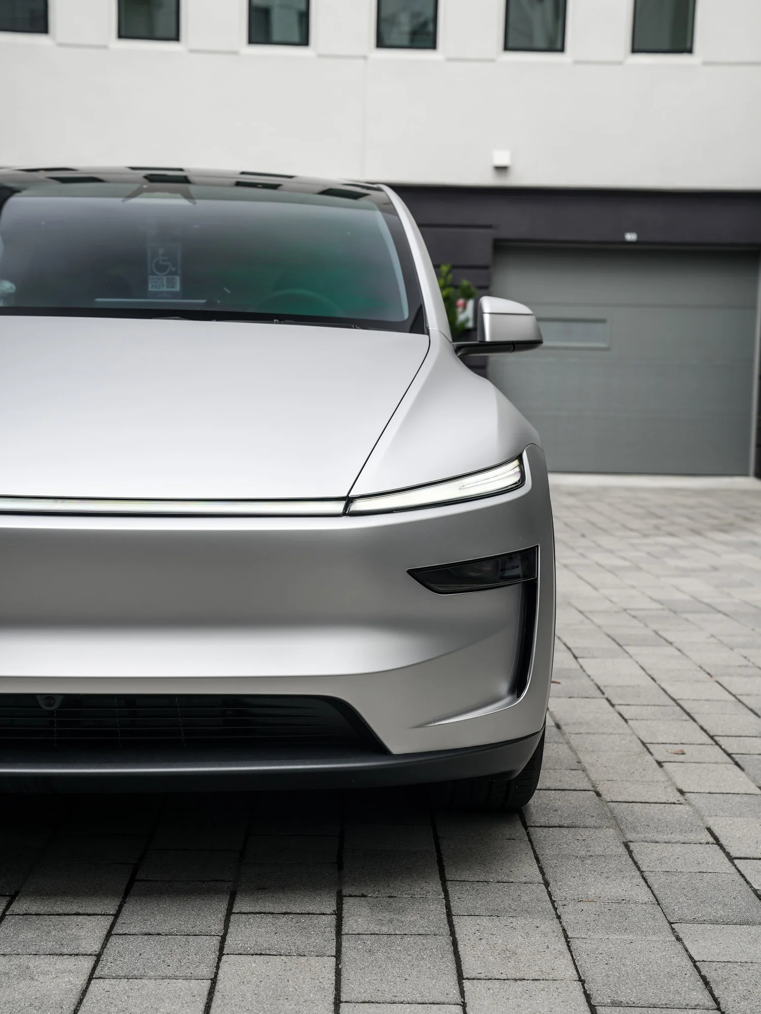 Tesla Model Y TPU Matte Silver Colored PPF after Paint Protection Film (PPF), front-corner view