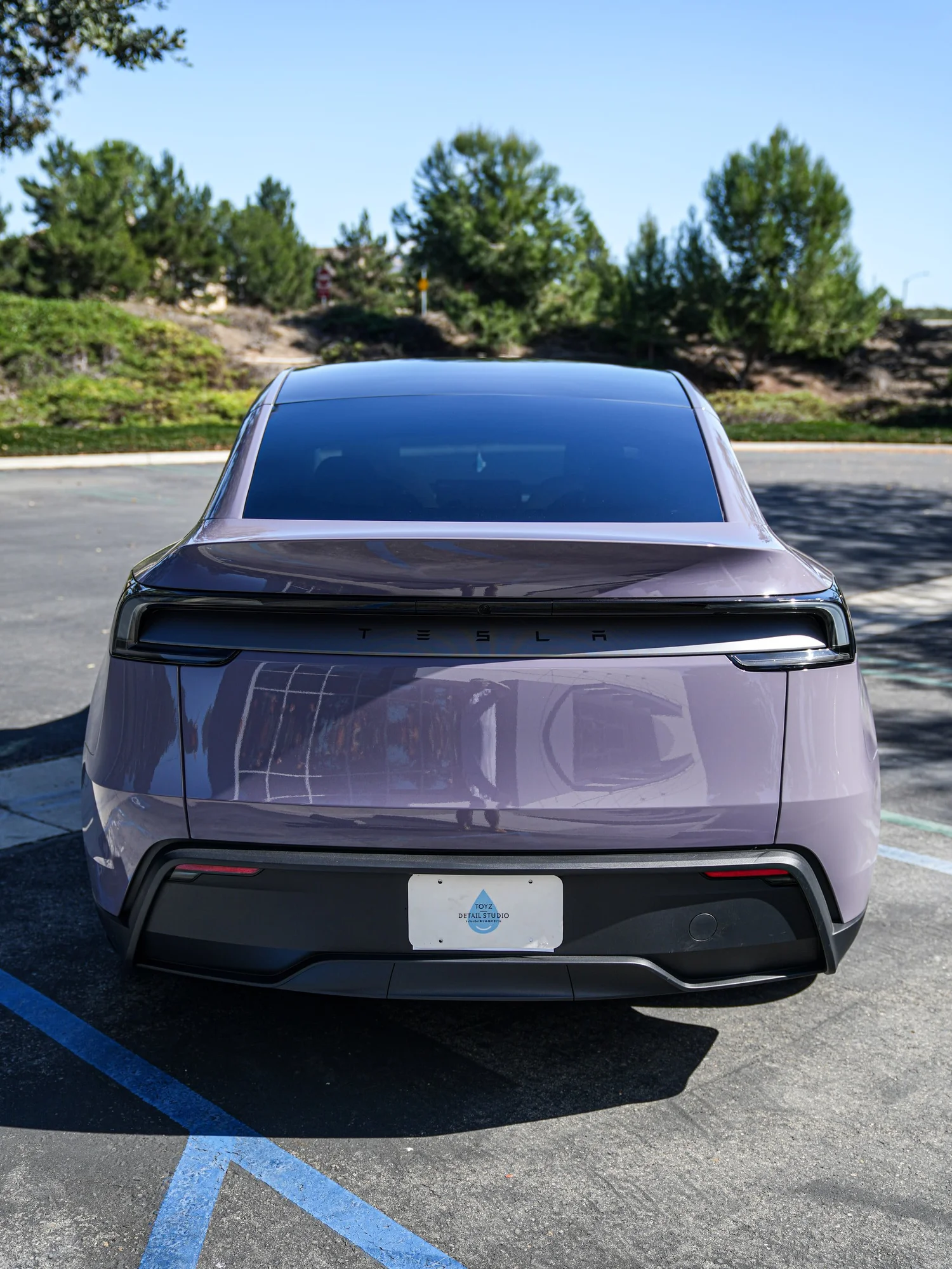 Tesla Model Y Provence Violet after Vinyl Wrap, direct rear view