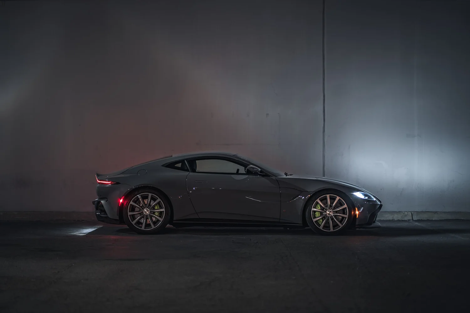 Aston Martin Vantage Acid Green after Brake Caliper Repaint, front-left three-quarter view