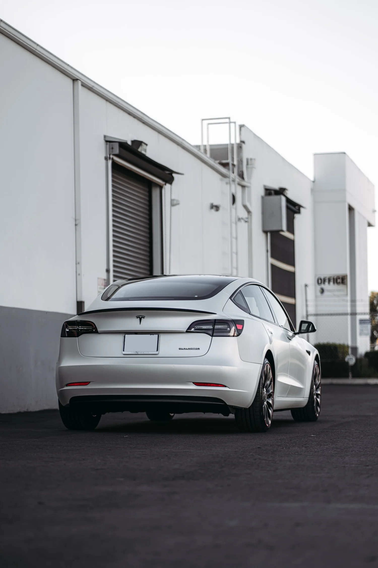 Tesla Model 3 3M 2080 Satin Pearl White after Vinyl Wrap, rear-right three-quarter view