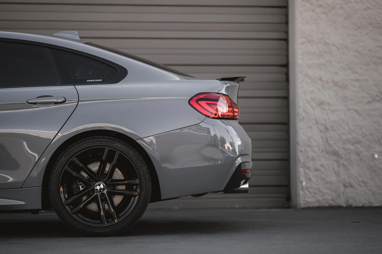 BMW 440i Inozetek Nardo Grey after Ceramic Coating, Vinyl Wrap and Wheel Powder Coating, rear-left three-quarter view