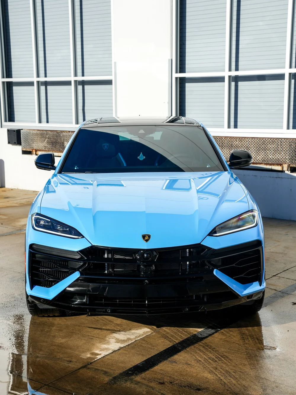 Straight-on front view of the light-blue Lamborghini Urus SE with its hood, headlights and black grille visible