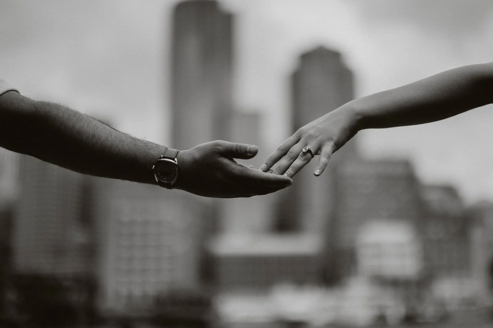 Black and white detail of the couple's hands, Boston engagement session