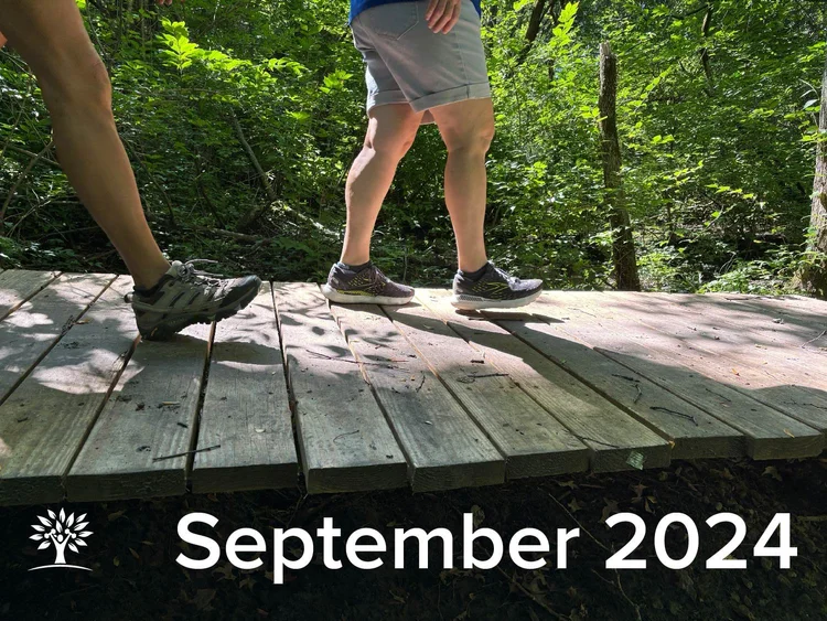 Hikers' feet walk across a wooden bridge in the woods. Overlay Text: September 2024