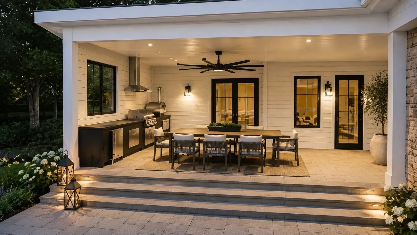 Custom pool house with covered porch beside a pool