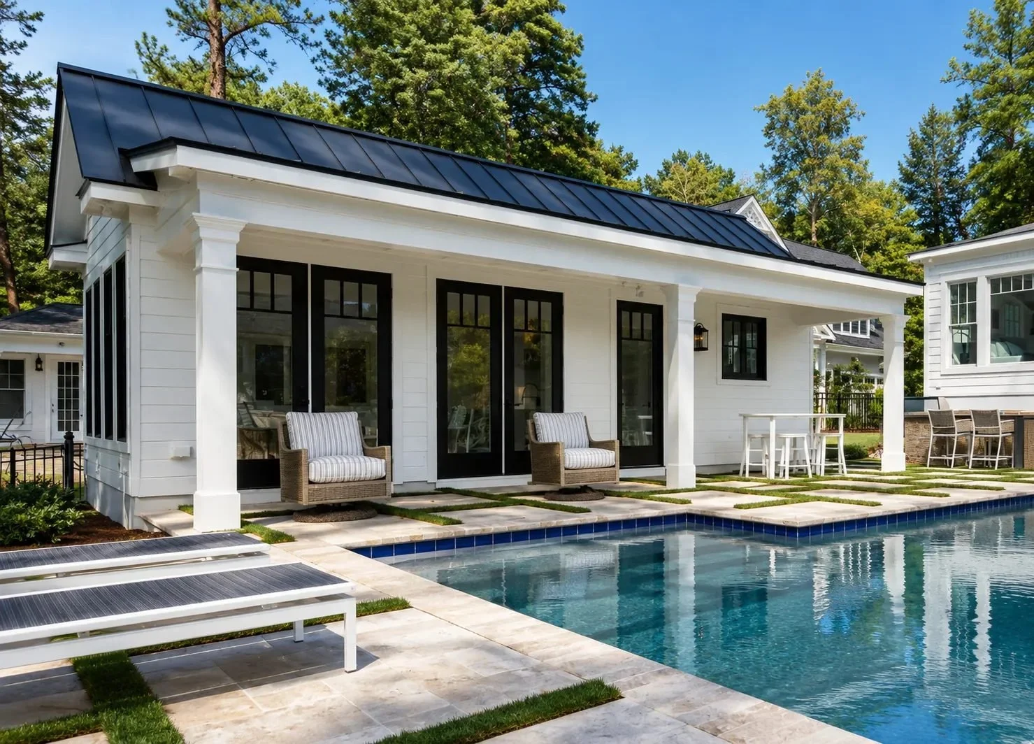 Custom pool house with covered outdoor kitchen and dining