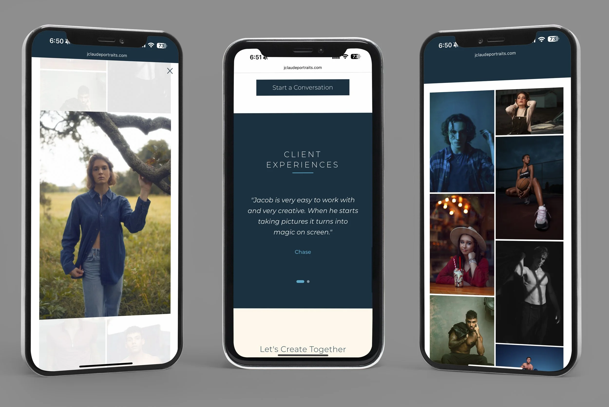J. Claude Portraits mobile website design showing responsive layout and optimized portrait gallery viewing