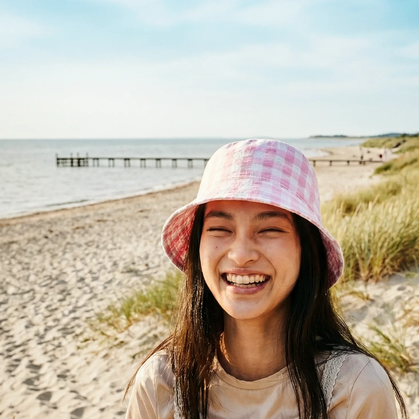 JUNA bucket hat transformed into a natural Danish beach lifestyle image