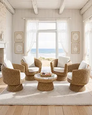 Coastal 5-Piece Living Room Set with 4-Rattan Swivel Armchairs and Coffee Table