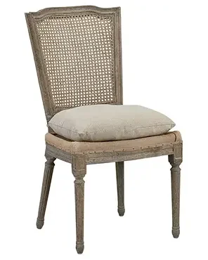 French Beige Wood Cane Burlap Nailhead Side Chair with Cushion Seating