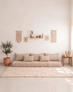 Cotton Moroccan Handmade Beige Zanafi Floor Couch Set