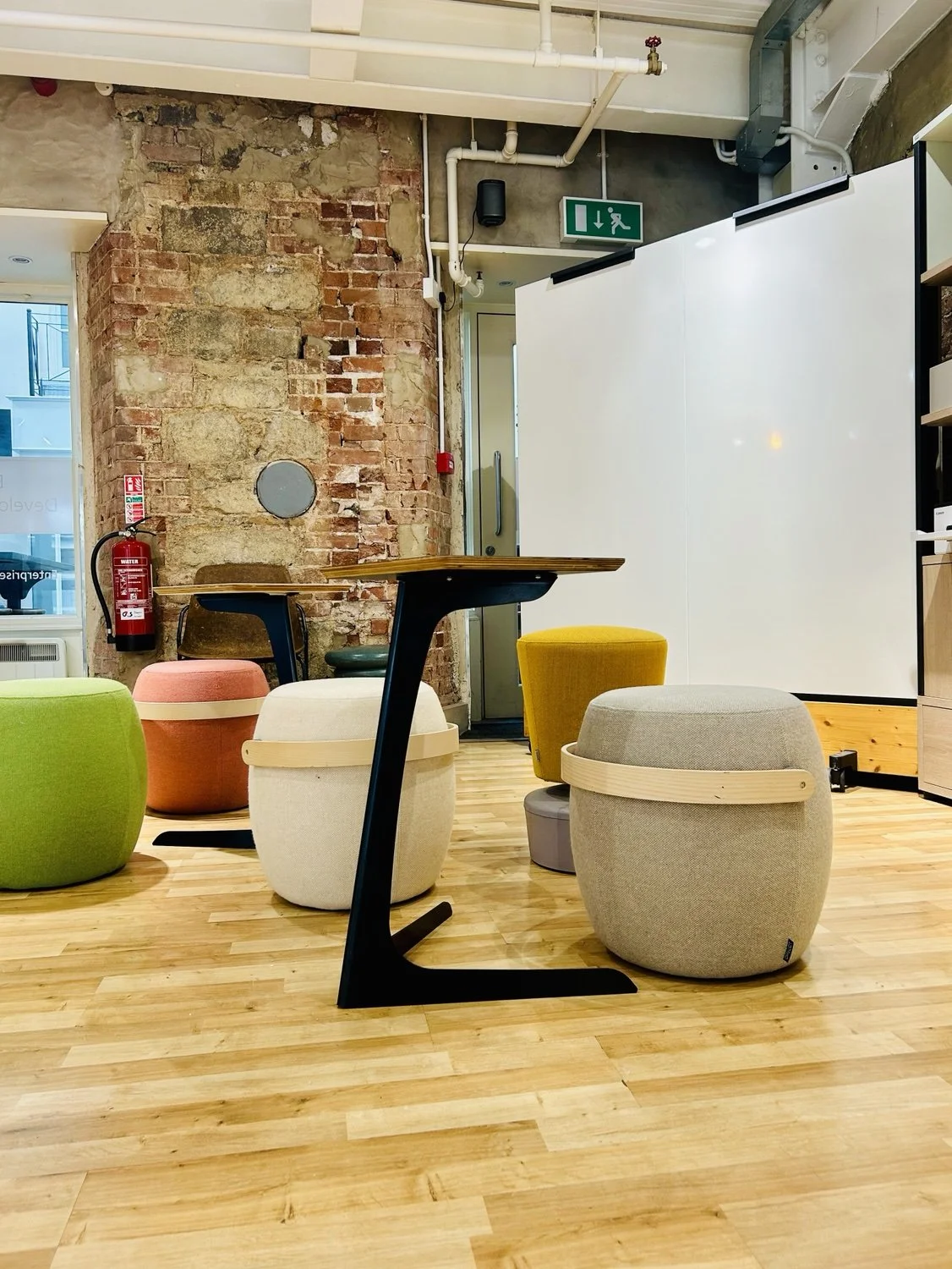 Moveable seating and writing board in the first-floor collaborative space