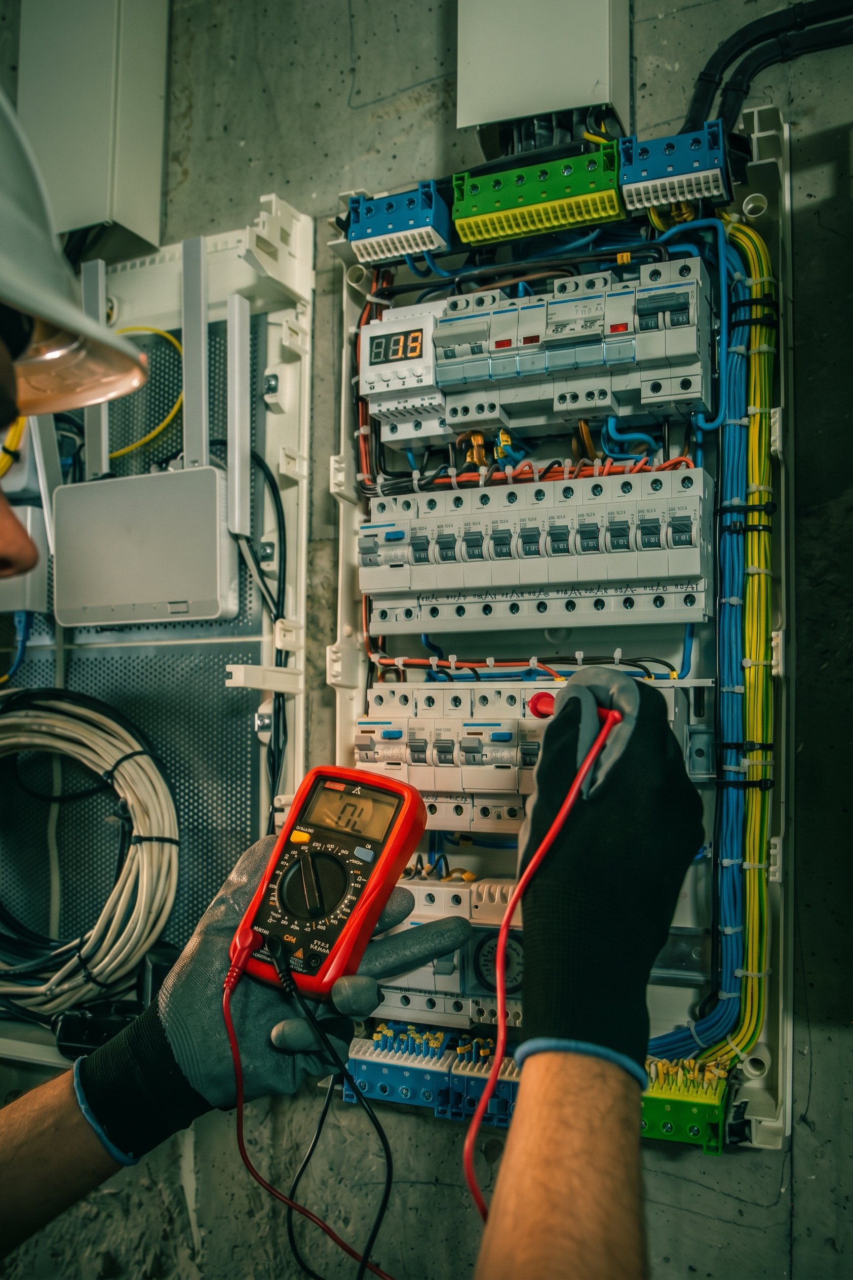Electrical engineer using a multimeter to inspect a circuit breaker panel, electrical installation and maintenance services