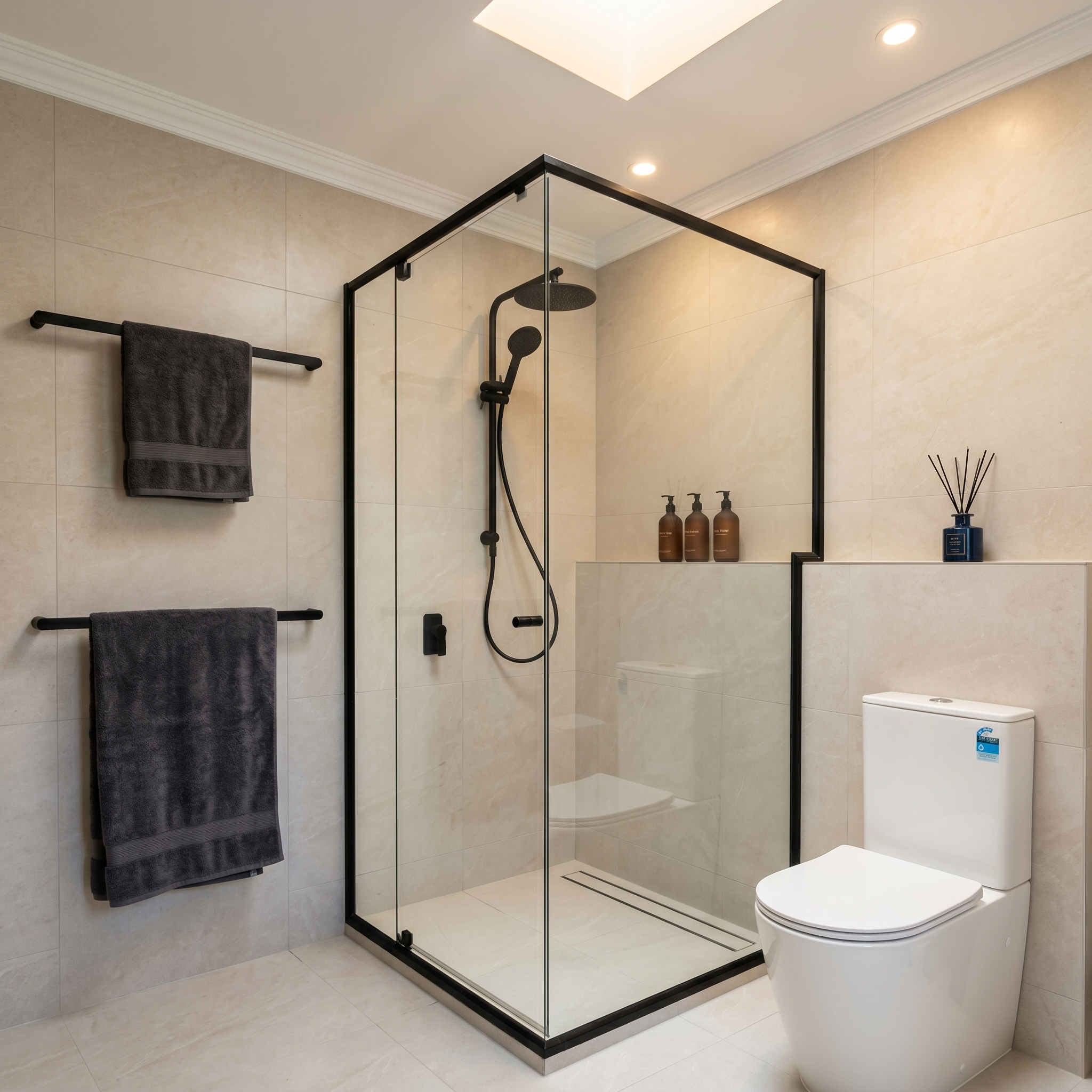 Semi-frameless shower screen installation in Sunshine Coast bathroom showing clean lines and minimal frame