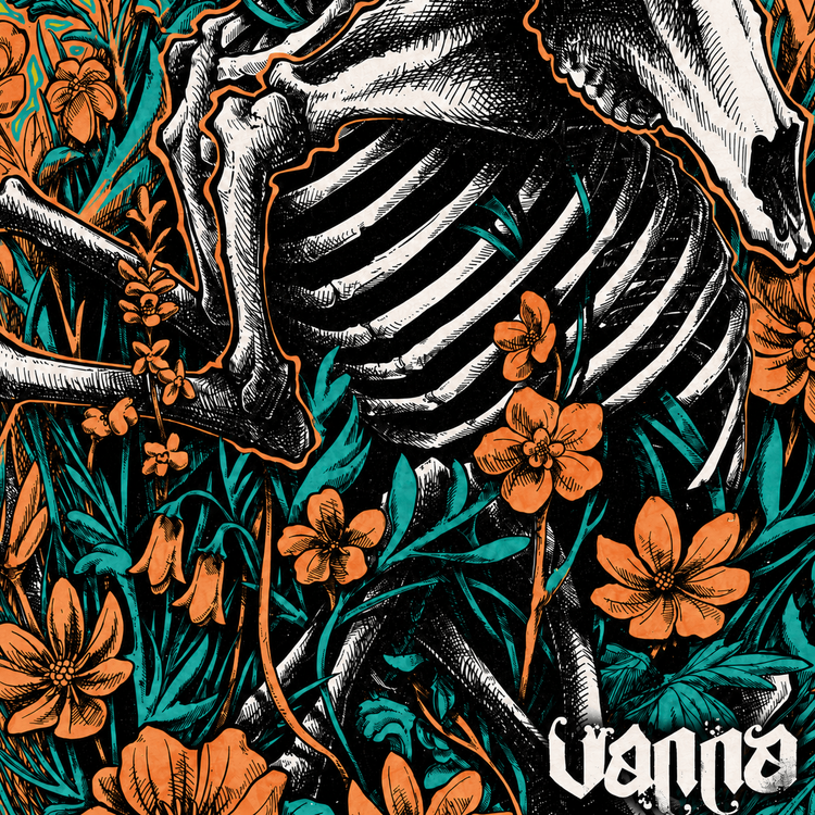 Illustrated VANNA artwork with a skeleton surrounded by orange flowers and teal foliage, with the VANNA logo at the bottom