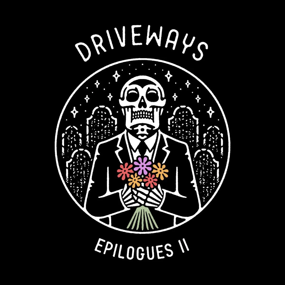 Driveways band logo featuring a skeleton and storm-cloud artwork
