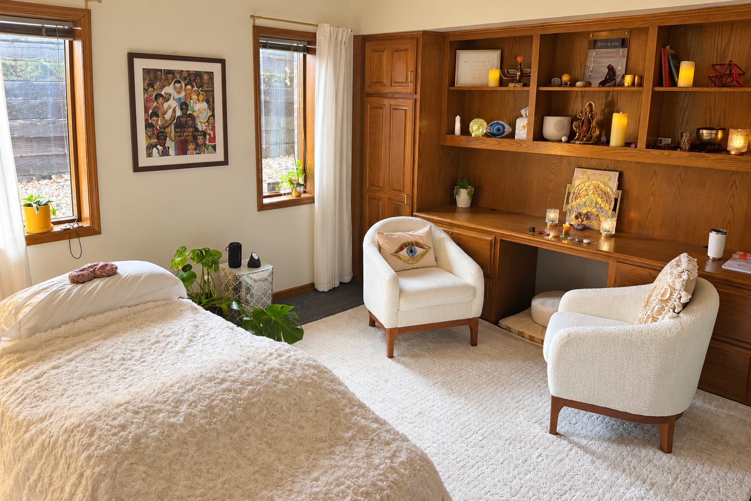 Lindsey Simmonds’ Reiki studio in Omaha, with a cream treatment table, two chairs, plants, and warm wooden shelves