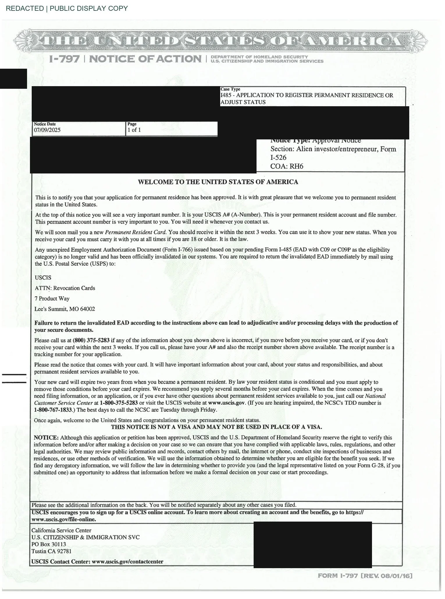 Sunnyside Arcadia I-485 批准,个人信息已遮盖