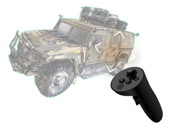 A 3D model of a vehicle and VR controller to show it is editable in VR