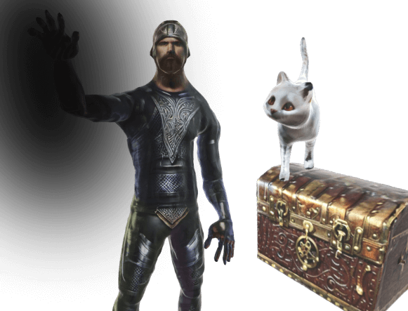 3D models of a human male viking, a white cat, and a treasure chest