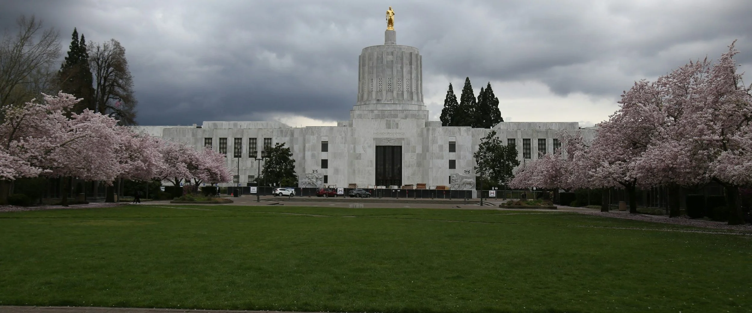 The Oregon State Capitol with cherry blossom